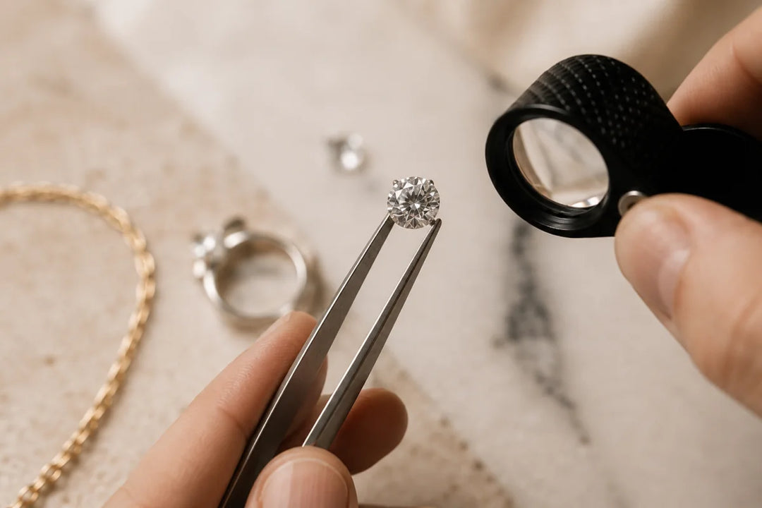 Jeweller examining a diamond ring with a loupe during an appraisal inspection