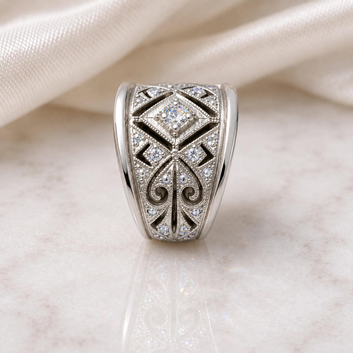 Art Deco style filigree band ring in white gold