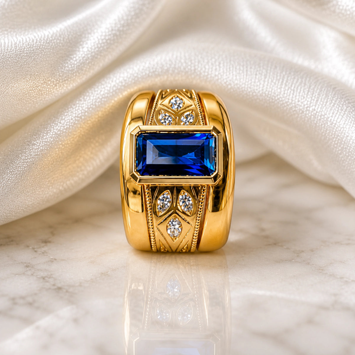 Blue sapphire emerald-cut wide band ring in yellow gold