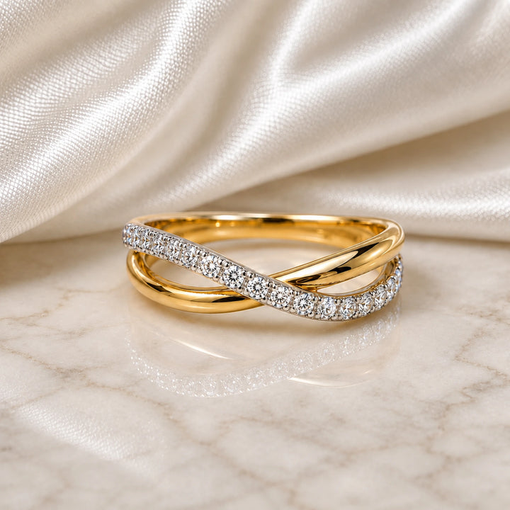 Crossover diamond pavé rings photographed for a client story