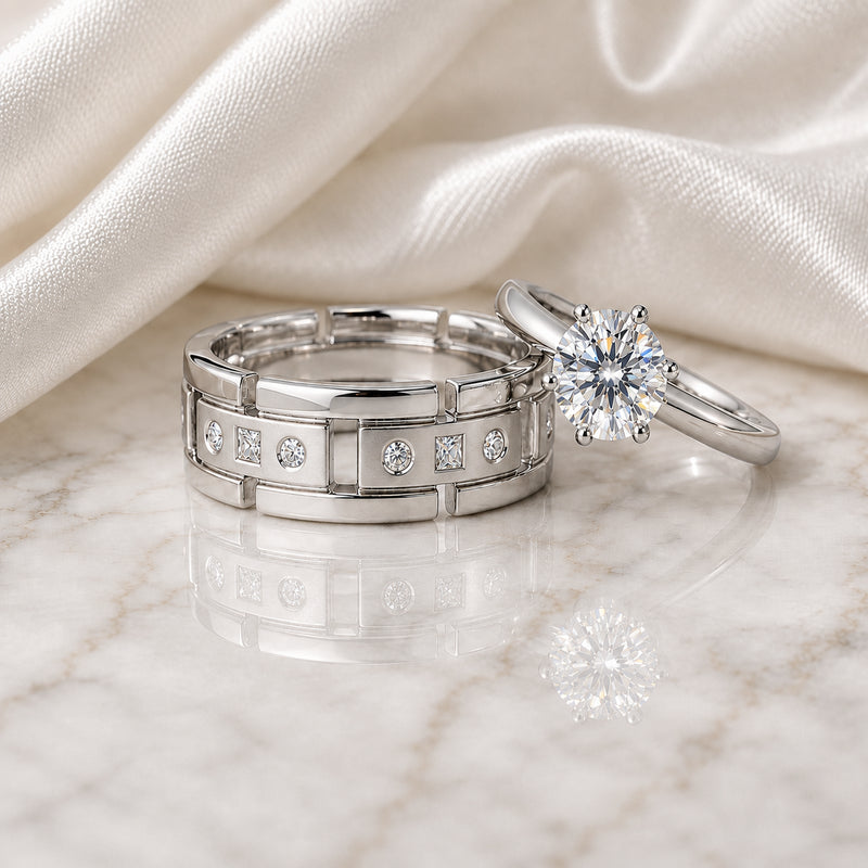 Diamond eternity band and round brilliant solitaire ring demonstrating a well-balanced diamond selection