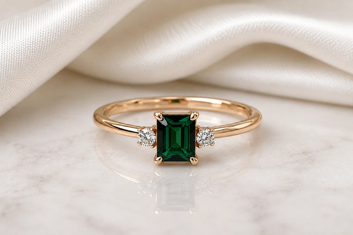 Green tourmaline three-stone ring balancing character with longevity