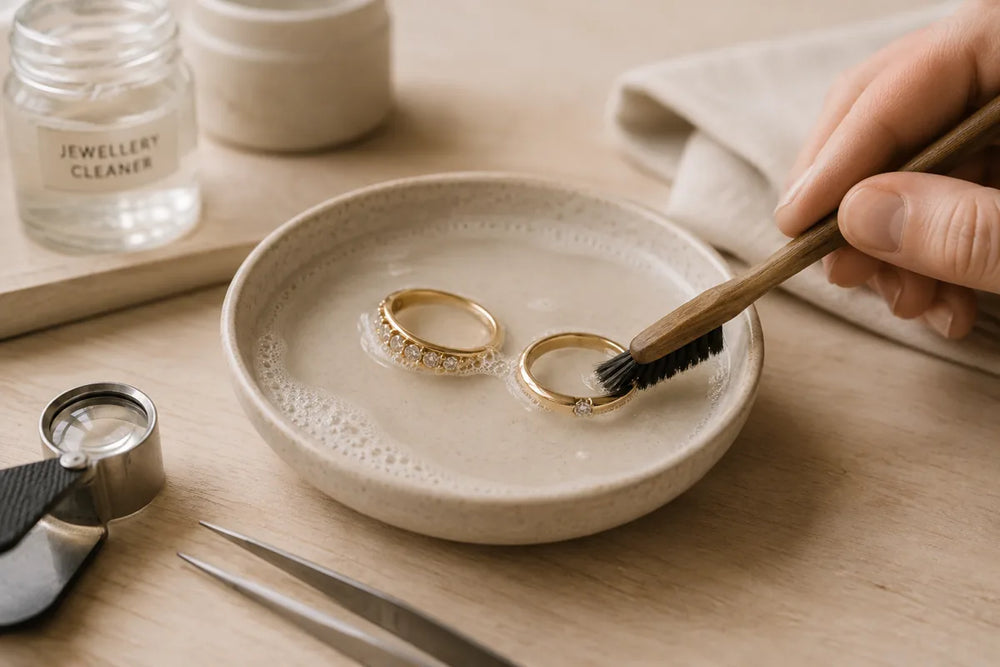 Jewellery being carefully cleaned with a soft brush