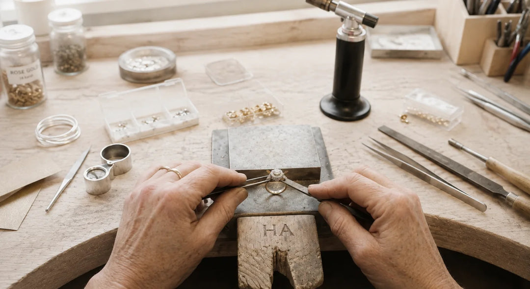 Jeweller using tweezers to reshape a diamond ring at a bright workbench during a remodelling project