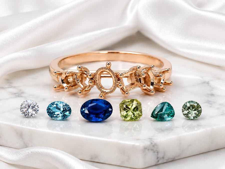 Gold ring setting and loose gemstones ready for jewellery repair