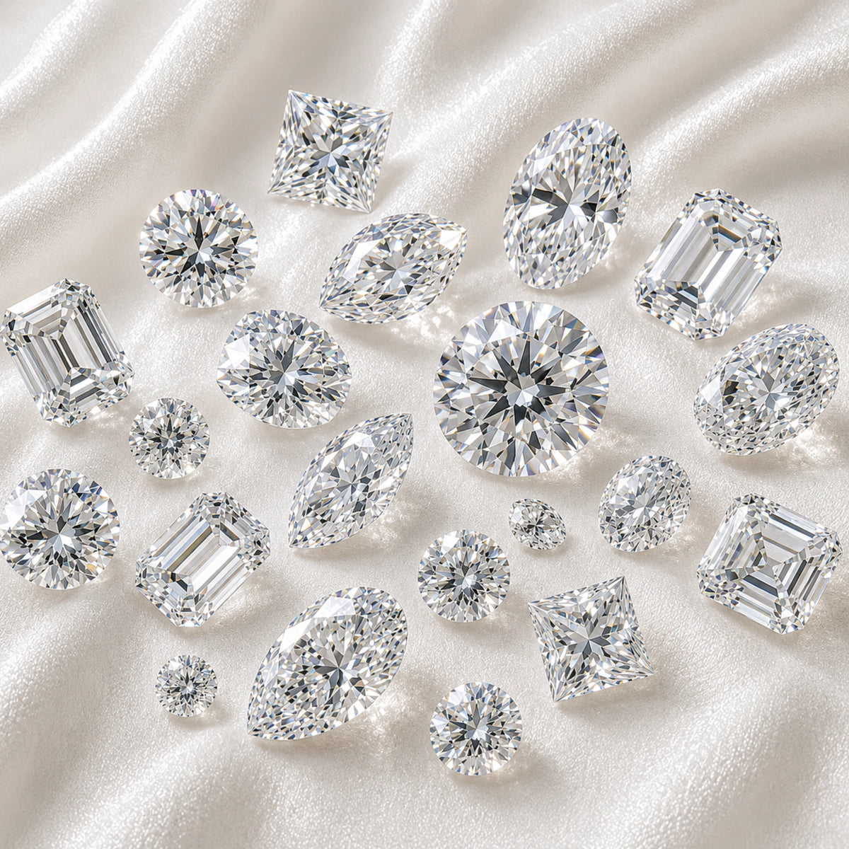 Collection of loose diamonds in round, oval, princess, cushion, emerald, pear, marquise and other cuts on satin