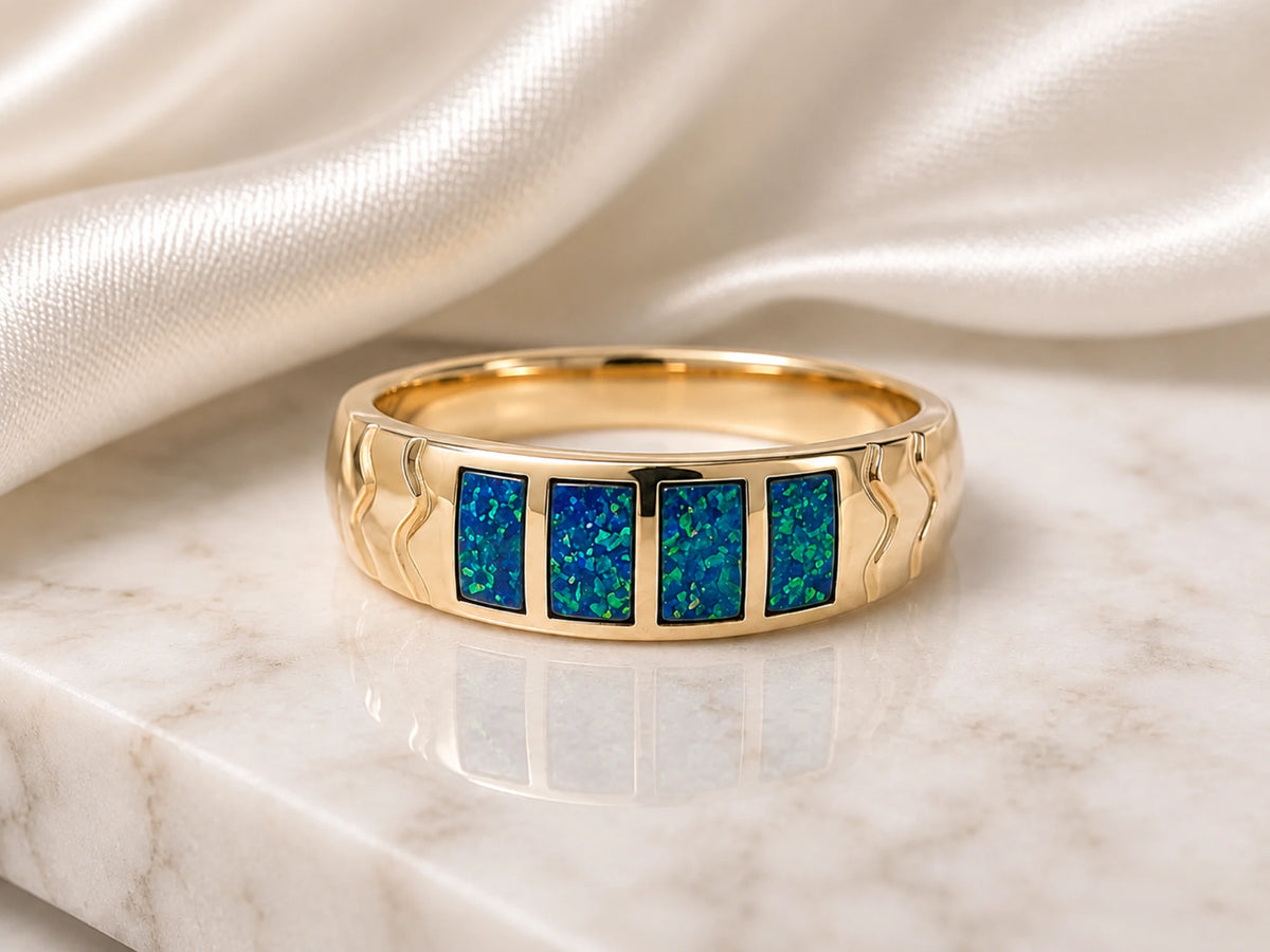 Opal inlay men's wedding band in yellow gold