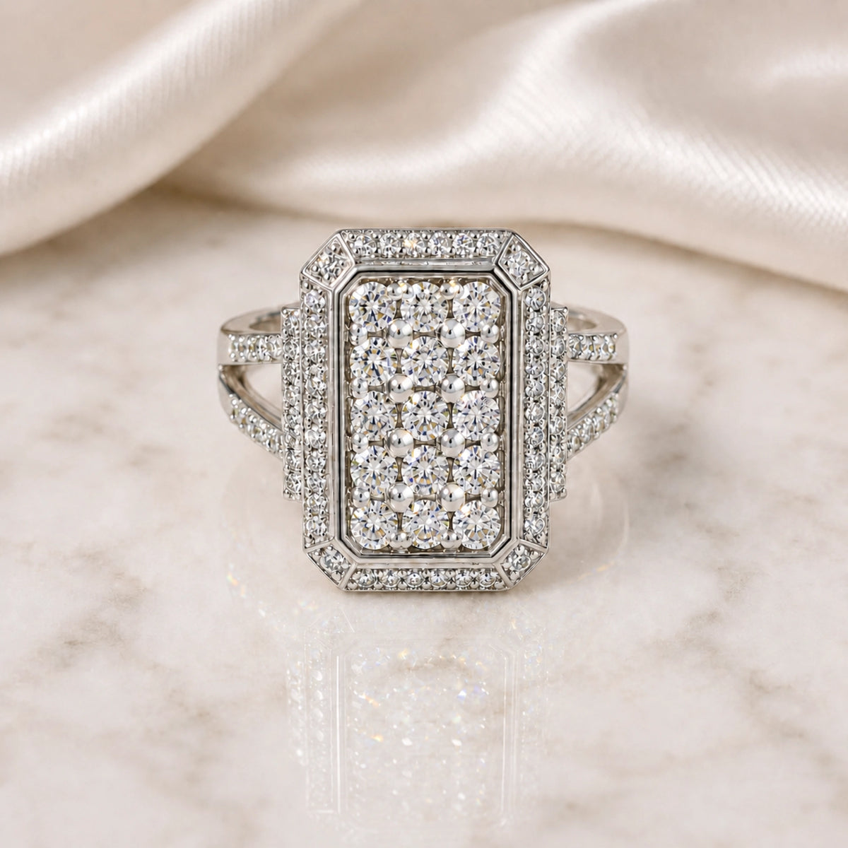 Rectangular diamond cluster statement ring in white gold