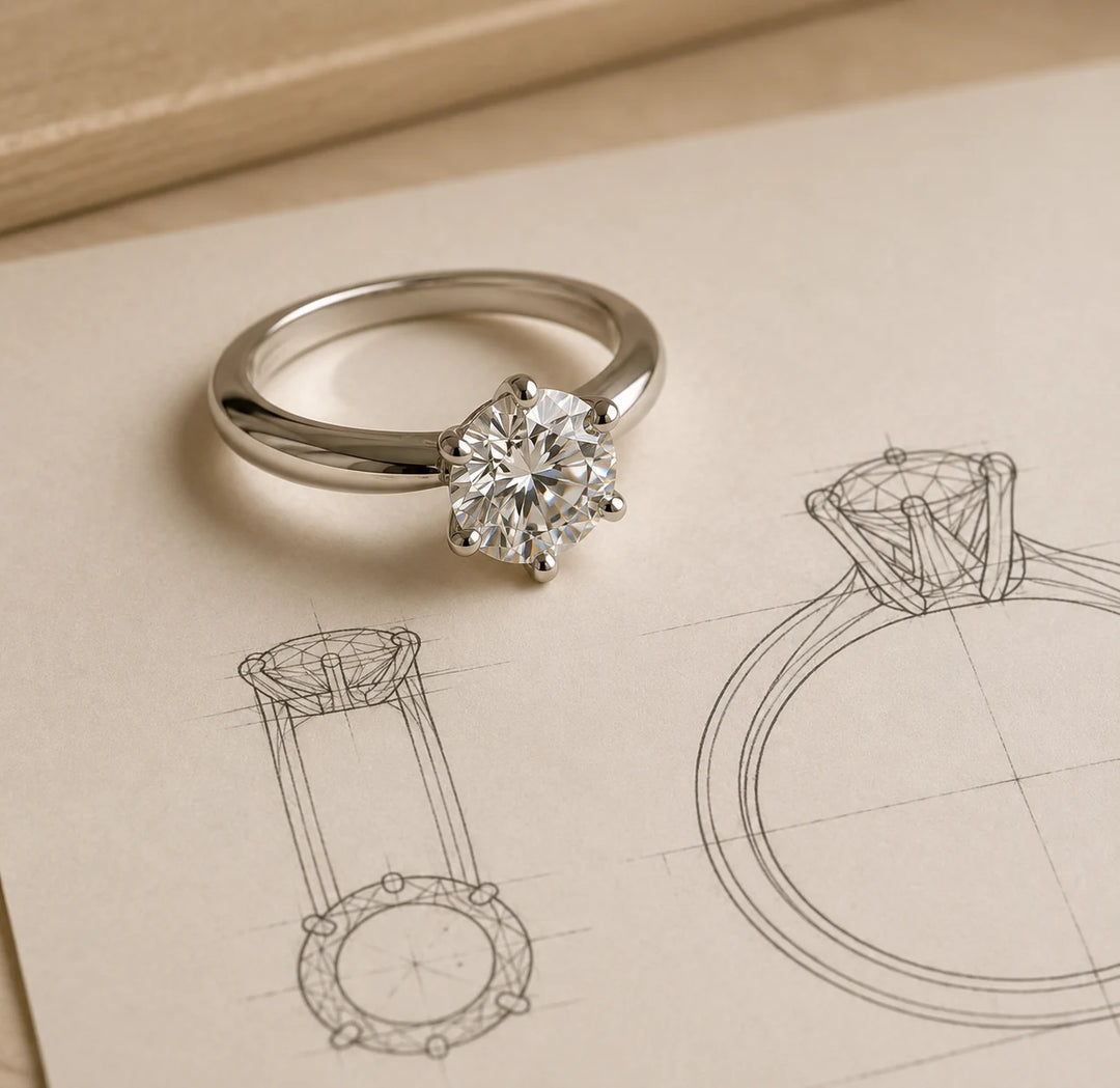 Solitaire diamond engagement ring beside hand-drawn design sketches for a replacement piece