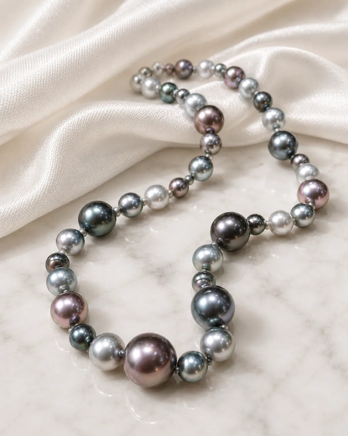 Graduated Tahitian pearl necklace requiring gentle regular jewellery care