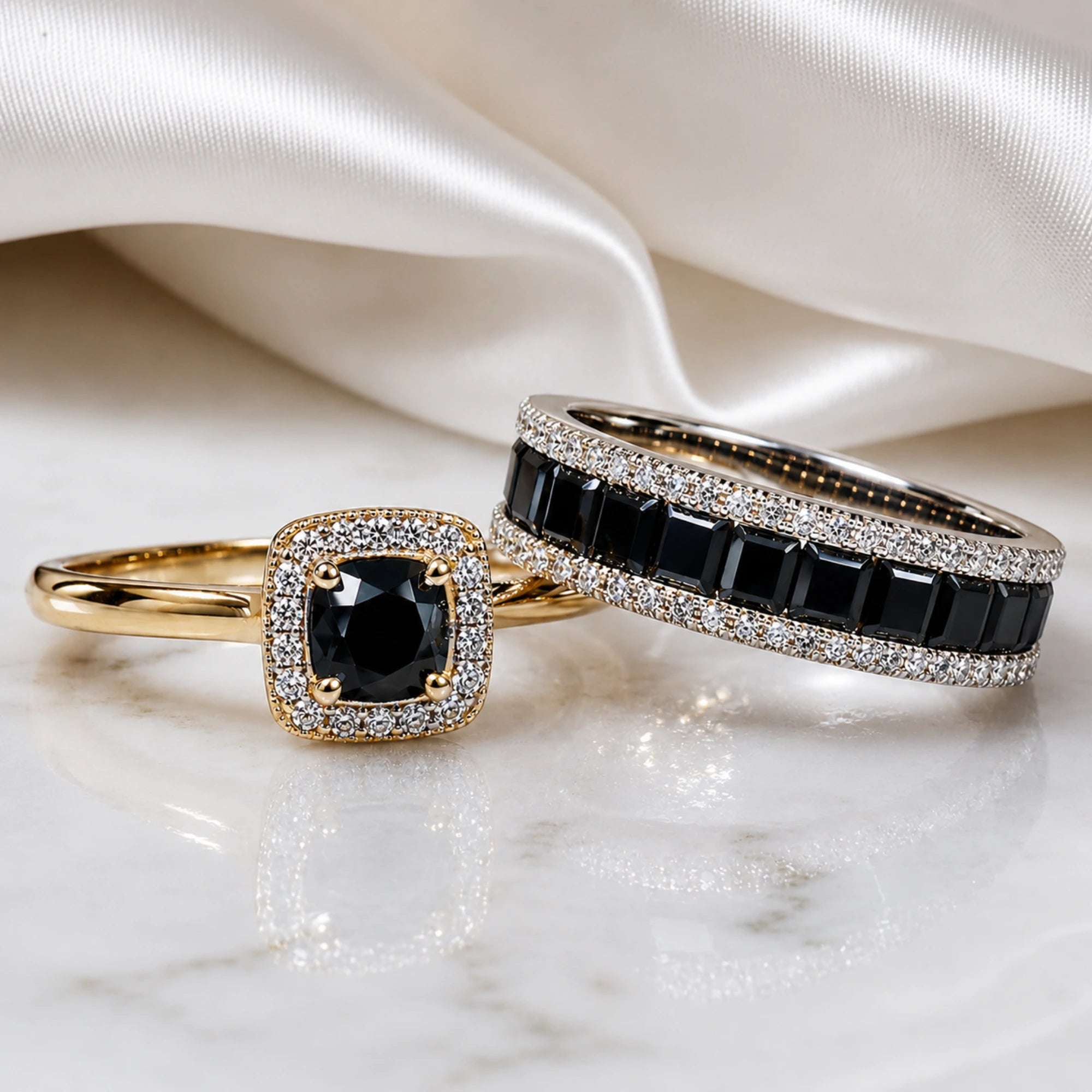 Black sapphire bezel ring in yellow gold