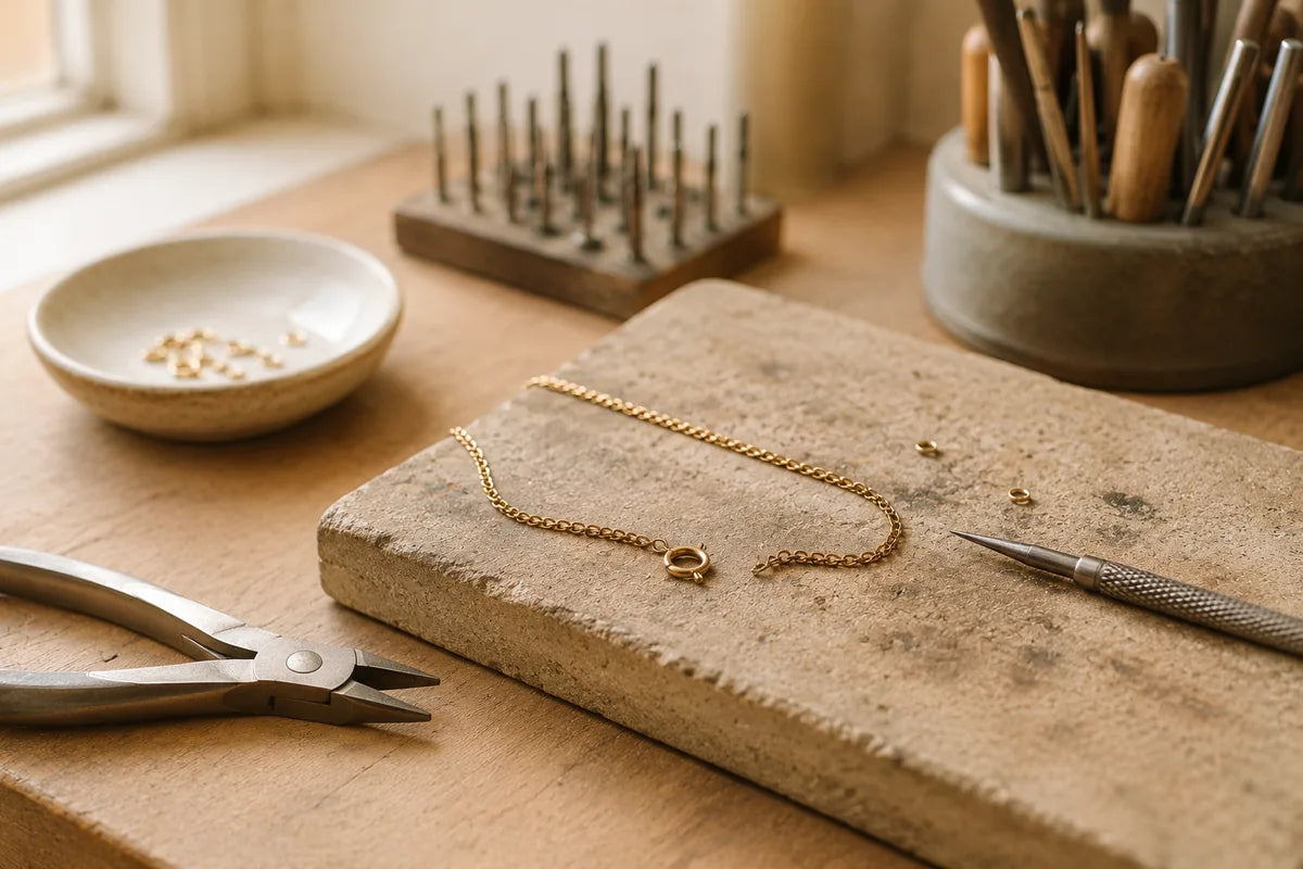 Jewellery repair workbench with tools and a ring being restored